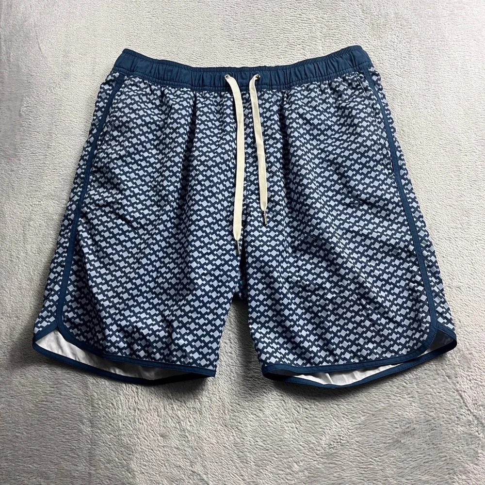 Fair Harbor Men Blue Geometric Diamond Print Swim Trunks Size L Drawstring Liner